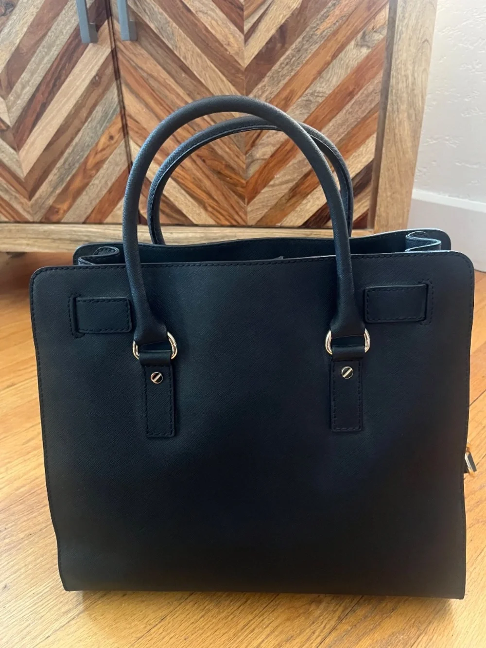 Michael Kors Black Hamilton Satchel with signature gold-tone hardware